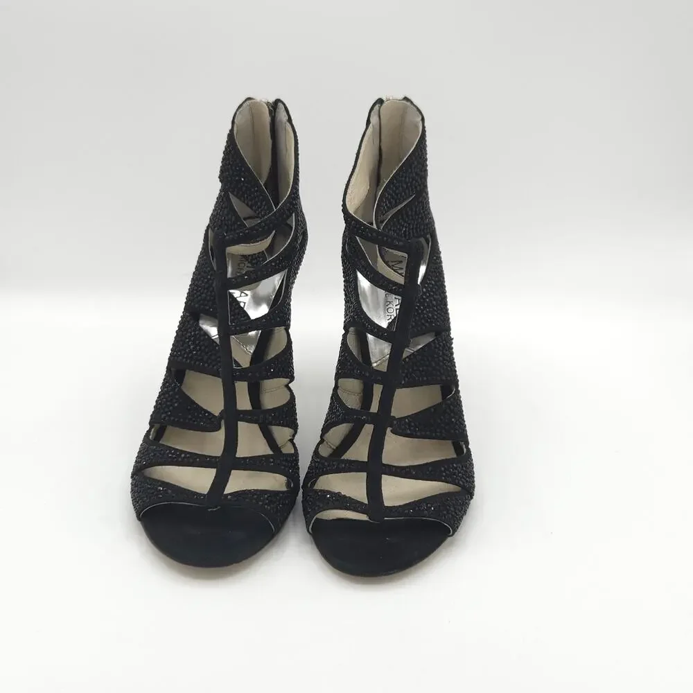 MICHAEL KORS Women's Caged Sparkle Heels Black Tan  Zip Up Stiletto Size 6